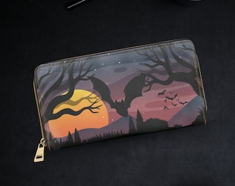 Gothic Bat Wallet: Faux Leather Zippered Slim Wallet