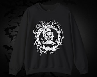 May include: Black sweatshirt with a white graphic of a skull wearing a Santa hat in a circle with the text "Merry Creepmas".