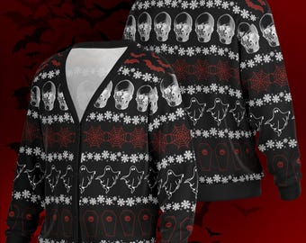 Creepy Holiday Cardigan – Spooky Gothmas Sweater with Skulls