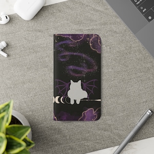 Funda tipo billetera con tapa con diseño de gato negro celestial gótico para iPhone y teléfonos Samsung Galaxy - Funda tipo billetera para iPhone - Funda tipo billetera para Samsung