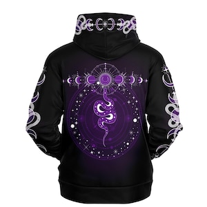 Moon Phases Celestial Snake Hoodie - Purple and Black Gothic Celestial Snake Moon Phases Hoodie - Moon Phases All Over Print Goth Hoodie