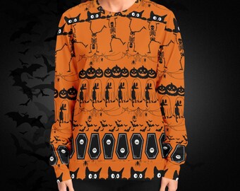 Spooky Halloween Sweater – Cats, Ghosts, Skeletons, Bats Print Sweatshirt