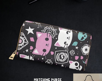 Pastel Goth Wallet - Pastel Cat Wallet - Goth Womens Wallet - Kawaii Cat Zipper Wallet - Kawaii Style Goth Cat Wallet