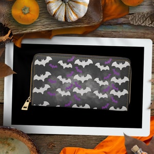 Carteira Pastel Goth Bats - Carteira Pastel Goth - Carteira Goth Bats - Carteira Bat Feminina - Carteira Purple Bats Zipper