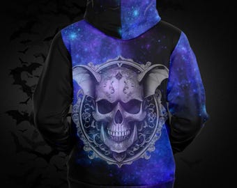 Gothic Skull Blue Galaxy Print Hoodie - Unisex Pullover Sweater