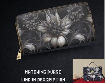 Cartera botánica gótica: Cartera de piel sintética con cremallera y diseño de calavera floral oscura