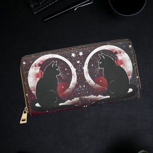 Cartera gótica Dark Academia - Cartera con cremallera con diseño de gato negro celestial y luna creciente - Cartera con diseño de gato y luna gótica