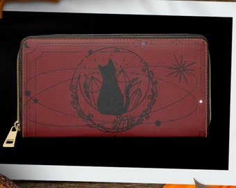 Carteira Gato Celestial Gótico - Carteira com Zíper em Couro Sintético Estilo Dark Academia
