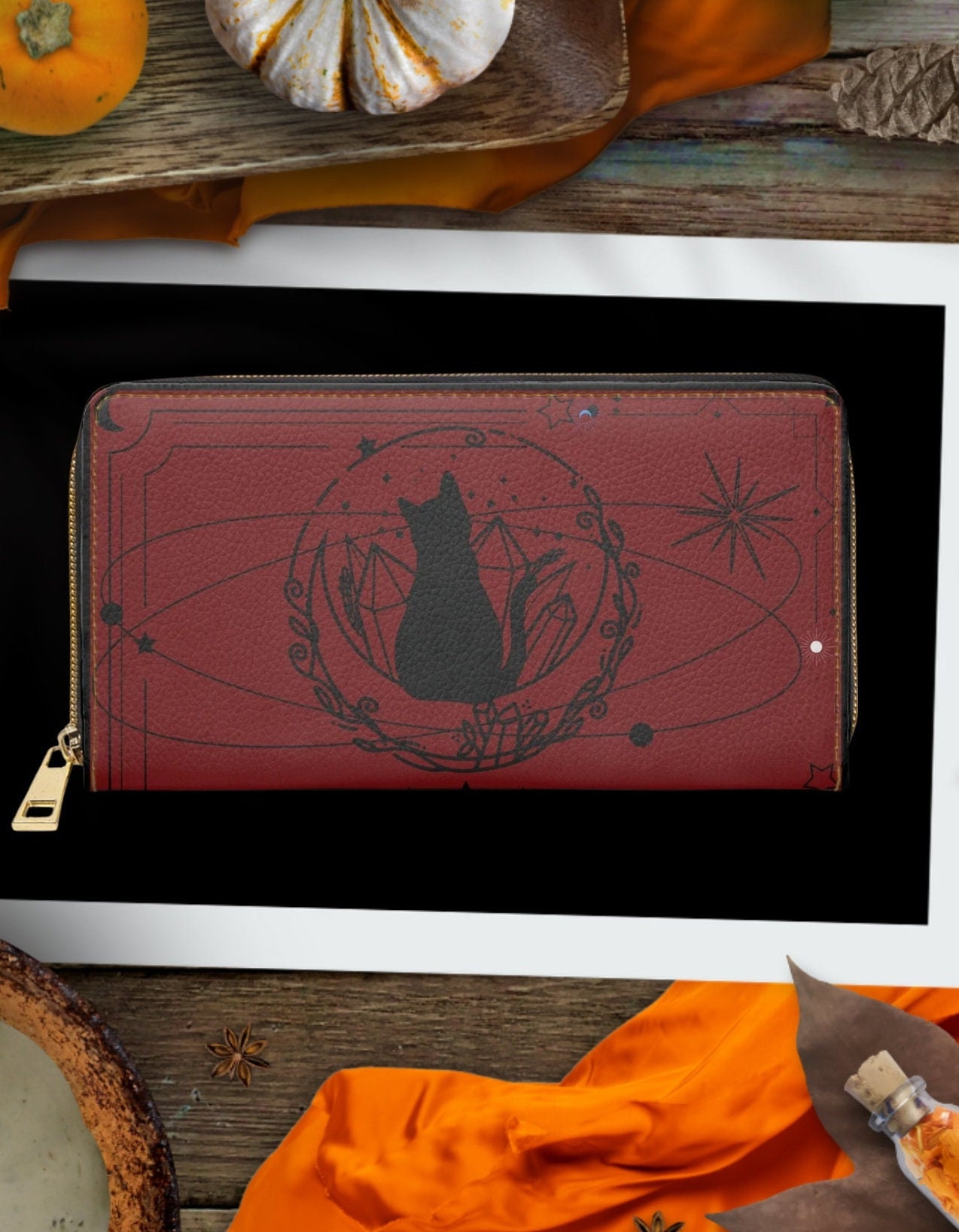 Goth Celestial Cat Wallet - Dark Academia Faux Leather Zip Wallet