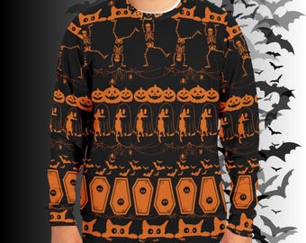 Ugly Halloween Sweater - Spooky Halloween Sweater – Cats, Skeletons, Ghosts, Bats Print Sweatshirt