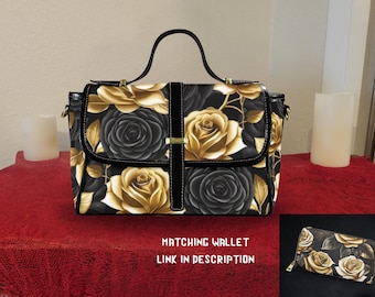 Bolso bandolera de lona con estampado floral y rosas doradas y negras