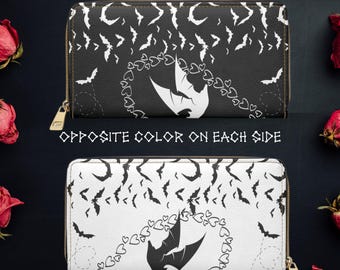 Goth Bat Wallet: Black & White Zippered Faux Leather Wallet