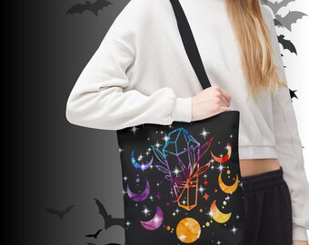 Crystal Moon Phase Tote | Rainbow Celestial Witch Bag | Witchy Gift