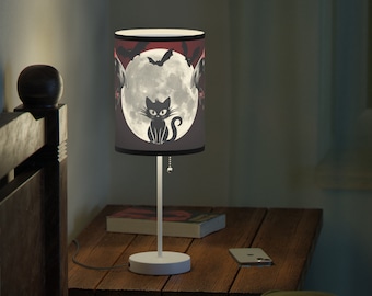 Black Cat Lamp - Bat Lamp - Witchy Lamp - Goth Lamp - Goth Decor - Vampire Decor - Desk Lamp - Bedside Lamp - Modern Lamp - Full Moon Lamp