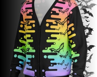 Pastel Goth Drippy Bats Cardigan – Rainbow Print Sweater