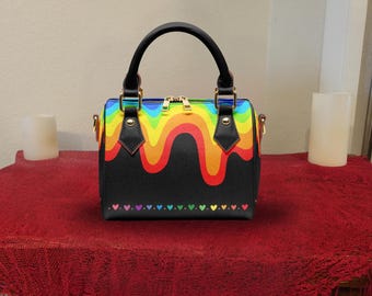 Rainbow Drip Heart Crossbody Purse — Colorful PU Leather Barrel Bag