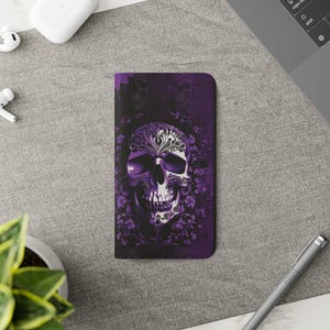 Funda tipo cartera con diseño de calavera gótica en tonos pastel morados - Funda tipo cartera con diseño de calavera para Samsung iPhone - Fundas tipo cartera con diseño de calavera gótica