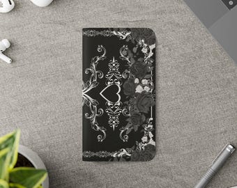 Gothic Floral Phone Wallet Case – Romantic Faux Leather Flip Cover