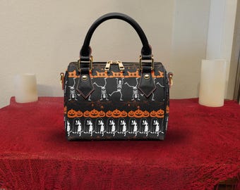 Halloween Print Crossbody Purse — Spooky Season Faux Leather Barrel Bag
