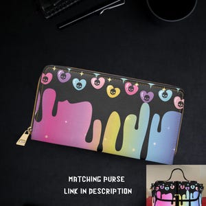 Cartera Pastel Goth Arcoíris - Rainbow Drip Cartera Pastel Goth - Cartera con Cremallera Arcoíris con Calavera y Corazón - Cartera Pastel Goth - Cartera con Diseño Drippy