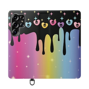 Funda tipo cartera con diseño de calaveras arcoíris pastel góticas - Funda tipo cartera para Samsung y iPhone - Fundas tipo cartera estilo gótico