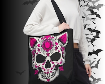 Bolso de mano con diseño de calavera de azúcar y gato / Bolso floral rosa del Día de Muertos / Regalo gótico para gatos