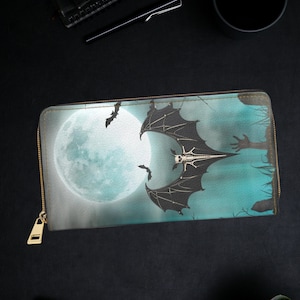 Cartera gótica - Cartera con esqueleto de murciélago - Cartera con cremallera de inspiración gótica - Cartera con murciélagos de luna llena
