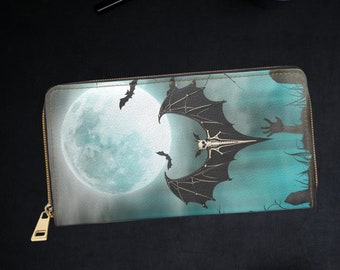Gothic Bat Skeleton Wallet: Full Moon Goth Zipper Wallet