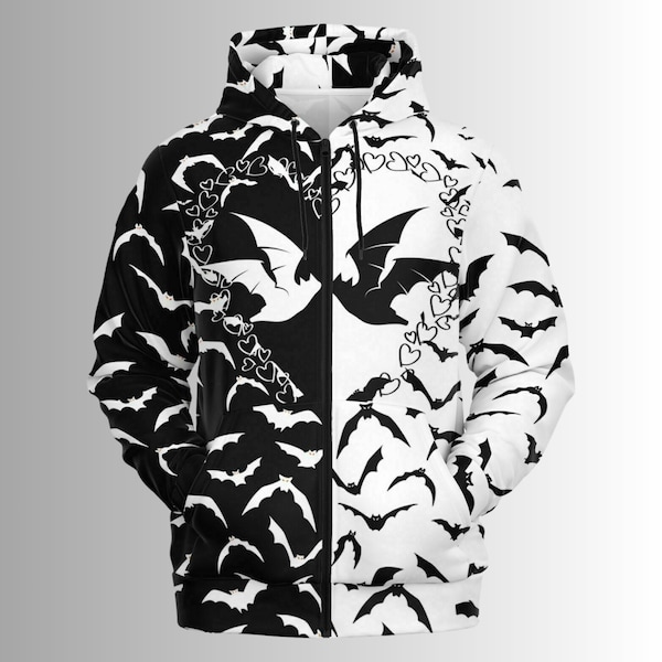 Goth Bats Hoodie - Gothic Black and White Bat Zip Up - All Over Print Zip Sweater - Half and Half Bats Hoodie