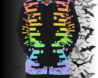 Pastel Goth Drippy Rainbow Bats Zip Up Hoodie – Abstract All-Over Print Sweater