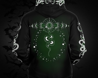 Gothic Moon Phases Snake Hoodie - Celestial Green & Black