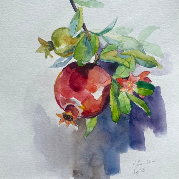 Framed original watercolor painting of a pomegranate on a branch 18,5 in x 22,5 in frame size