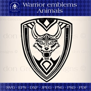 May include: Black and white vector illustration of a wolf's head inside a shield shape. The wolf has a fierce expression with sharp teeth and a pointed snout. The shield is decorated with geometric patterns. The text "Warrior emblems Animals" is at the top of the image.