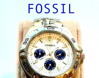 Mens Fossil , blue Chronograph  stainless steel silver watch, pre owned fully working VGC