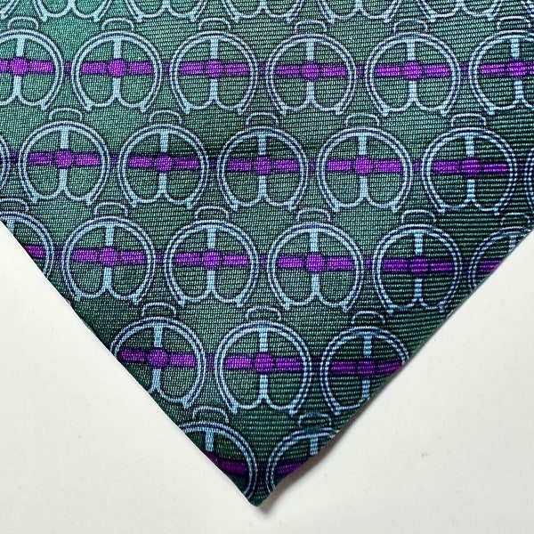 Mens Celine Paris Soft Silk Tie. in green and purple with repeat pattern, Pre Owned  as new