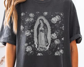 Our Lady of Guadalupe Catholic Graphic T-shirt: Nuestra Señora de Guadalupe Comfort Colors Pepper Catholic shirt for men and women