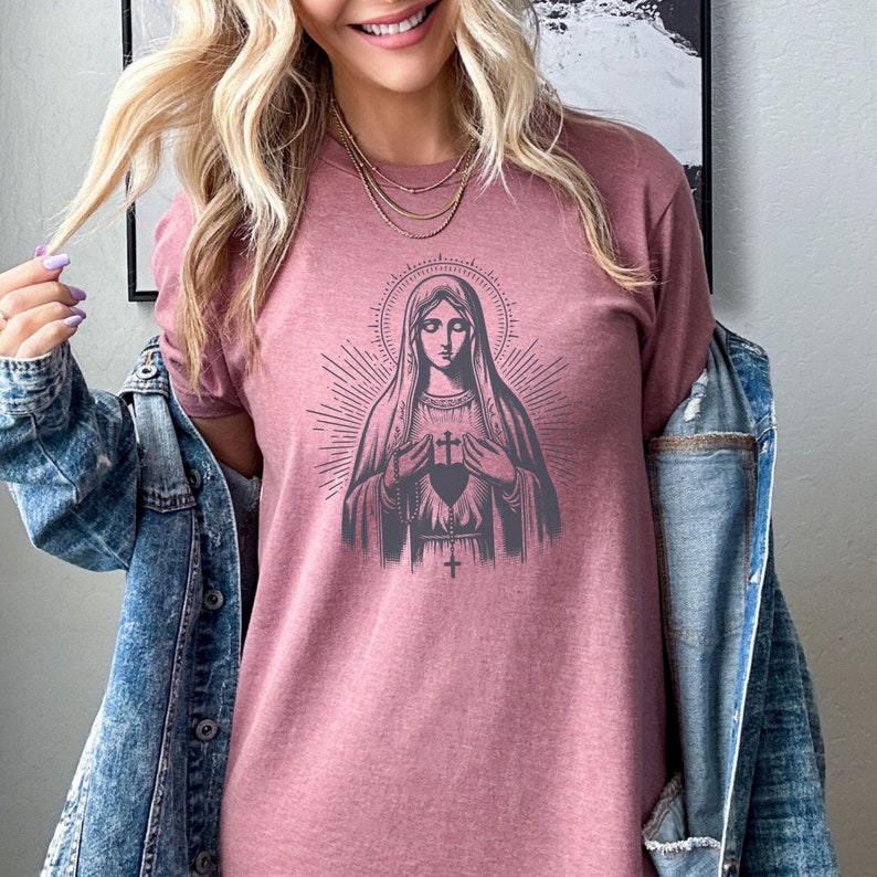 Our Lady of Fatima Catholic T-Shirt: Virgin Mary Graphic Tee for women, Marian devotion Heather Mauve