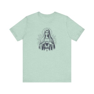 Our Lady of Fatima Catholic T-Shirt: Virgin Mary Graphic Tee for women, Marian devotion Heather Prism Mint