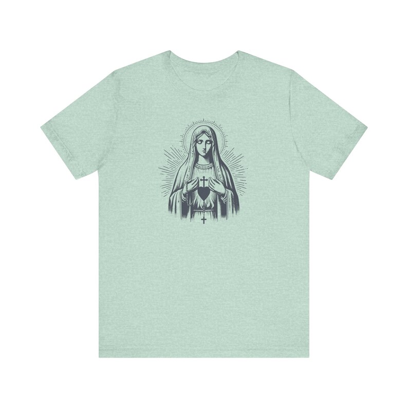 Our Lady of Fatima Catholic T-Shirt: Virgin Mary Graphic Tee for women, Marian devotion Heather Prism Mint