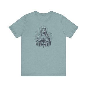 Our Lady of Fatima Catholic T-Shirt: Virgin Mary Graphic Tee for women, Marian devotion Heather Blue Lagoon
