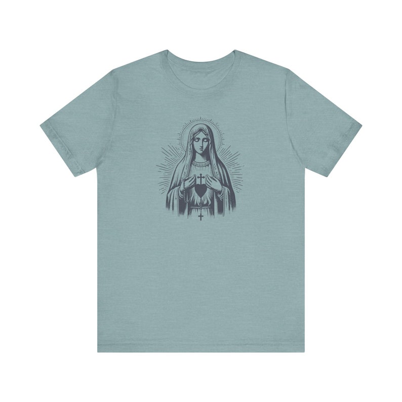 Our Lady of Fatima Catholic T-Shirt: Virgin Mary Graphic Tee for women, Marian devotion Heather Blue Lagoon