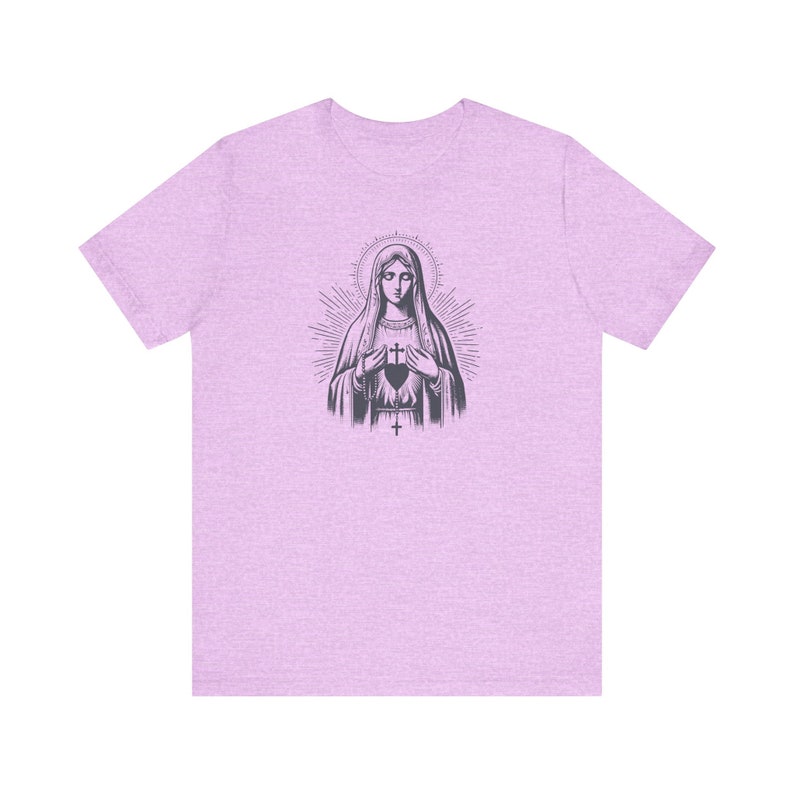 Our Lady of Fatima Catholic T-Shirt: Virgin Mary Graphic Tee for women, Marian devotion Heather Prism Lilac