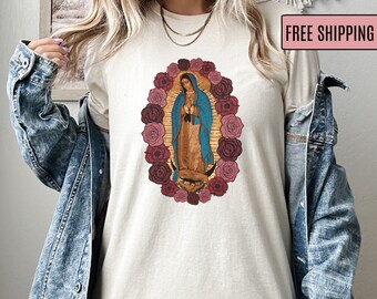 Our Lady of Guadalupe tshirt, La Virgen de Guadalupe, Marian Catholic t shirt, Plus size, Virgin Mary, Catholic shirt women Latina shirt