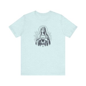 Our Lady of Fatima Catholic T-Shirt: Virgin Mary Graphic Tee for women, Marian devotion Heather Prism Ice Blue