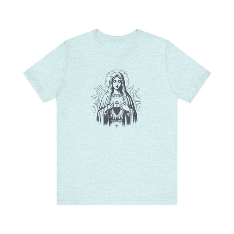 Our Lady of Fatima Catholic T-Shirt: Virgin Mary Graphic Tee for women, Marian devotion Heather Prism Ice Blue