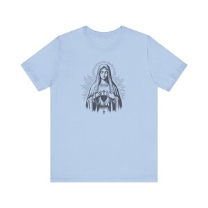 Our Lady of Fatima Catholic T-Shirt: Virgin Mary Graphic Tee for women, Marian devotion Baby Blue