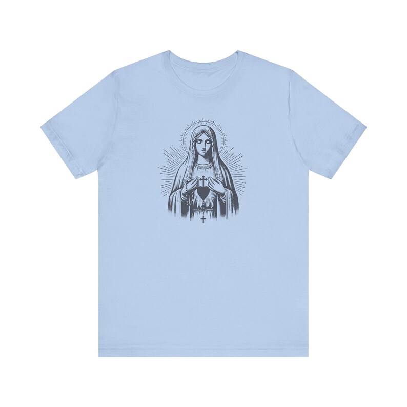 Our Lady of Fatima Catholic T-Shirt: Virgin Mary Graphic Tee for women, Marian devotion Baby Blue