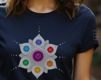 Seven Chakras Mandala T-Shirt, Affirmations on Sleeve, Unisex Jersey Tee