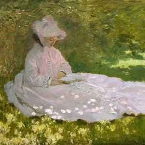 Peut inclure: Une femme en robe et chapeau roses est assise dans un champ de fleurs jaunes, en train de lire un livre. La scène est peinte dans un style doux et impressionniste.