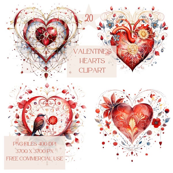 Watercolor Heart Clipart PNG, Love, Friendship, Cute Red color Heart Illustrations, Valentines Day, Nursery Decor, Free Commercial Use